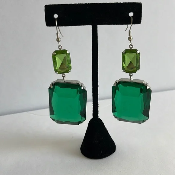 Large Shades of Green Bejeweled Dangle Earrings - Picture 2 of 5